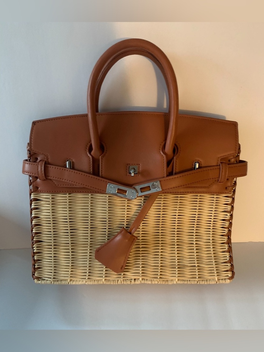 Woven Rattan Tote Handbag with Tan Faux Leather Trim - Picture 2 of 7